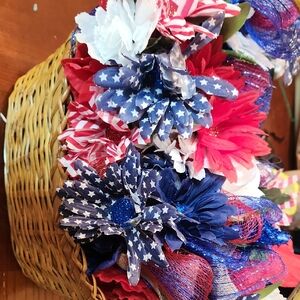 Patriotic Floral Basket with Red, White, and Blue Flowers